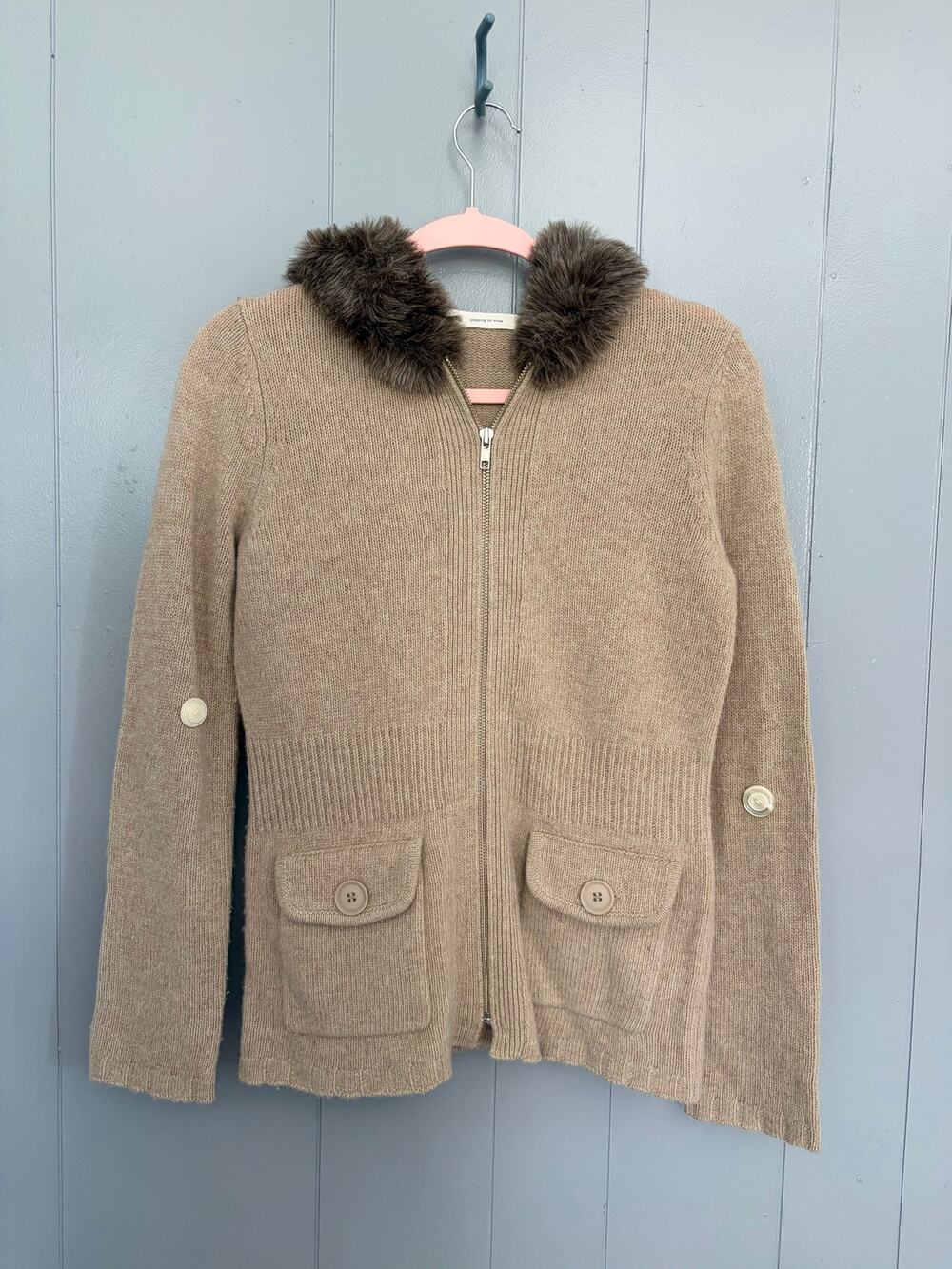Anthropologie Sleeping on Snow Tan Lambswool Full Zip Hooded Sweater S